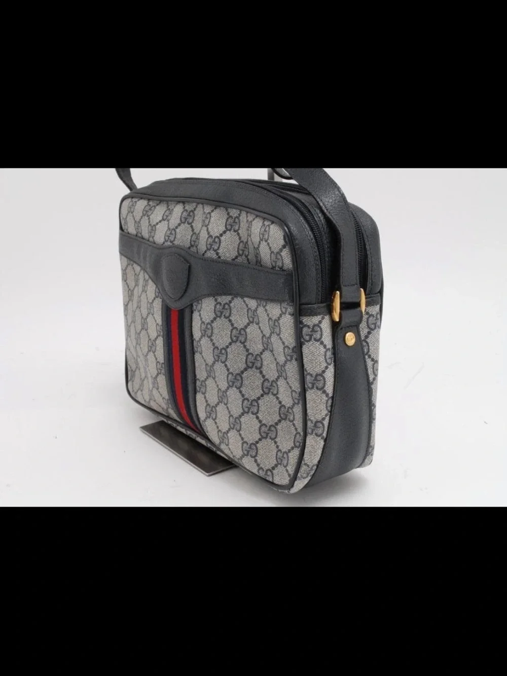 Gucci Navy GG Supreme Messenger Bag with Red-Green Stripe